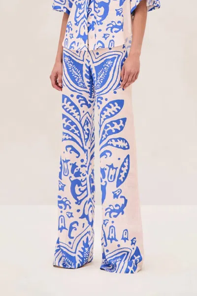 ALEXIS DAVI COTTON-LINEN BLEND PANT IN SAPPHIRE PALM