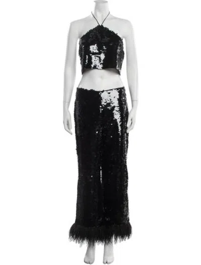 Pre-owned Alexis Feather Trim Pant Set In Black