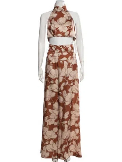 Pre-owned Alexis Floral Print Braided Accents Pant Set In Brown/neutrals