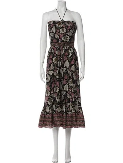 Pre-owned Alexis Floral Print Midi Length Dress In Black