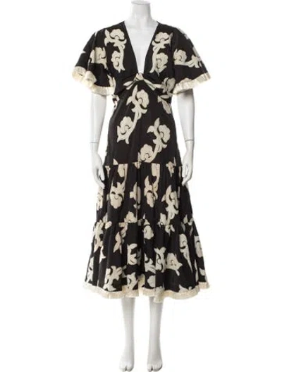 Pre-owned Alexis Floral Print Midi Length Dress In Black