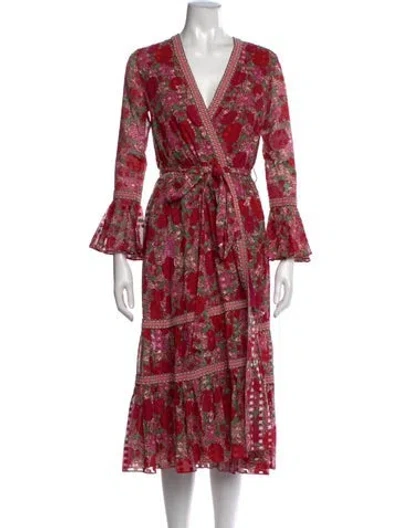 Pre-owned Alexis Floral Print Midi Length Dress In Burgundy