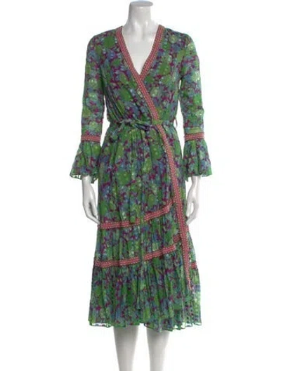 Pre-owned Alexis Floral Print Midi Length Dress In Green