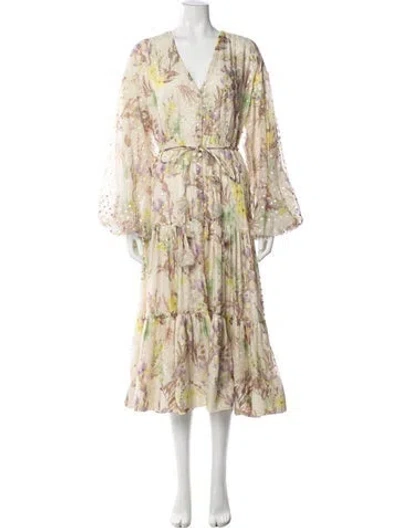 Pre-owned Alexis Floral Print Midi Length Dress In Neutral