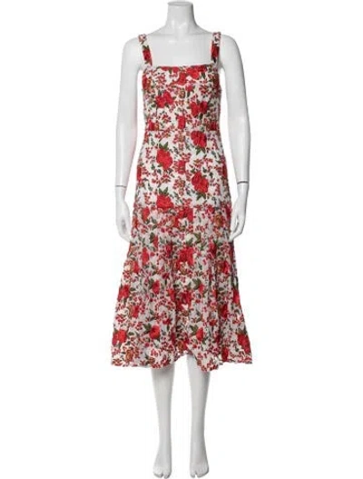 Pre-owned Alexis Floral Print Midi Length Dress In Red/white