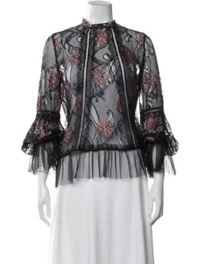 Pre-owned Alexis Floral Print Mock Neck Blouse In Black