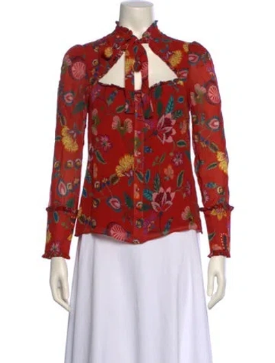 Pre-owned Alexis Floral Print Mock Neck Blouse In Red
