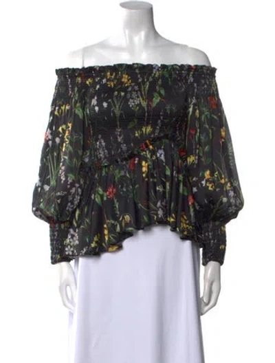 Pre-owned Alexis Floral Print Off-the-shoulder Blouse In Black