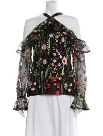 Pre-owned Alexis Floral Print Off-the-shoulder Blouse In Black