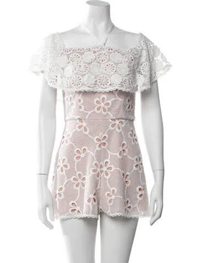 Pre-owned Alexis Floral Print Off-the-shoulder Romper In White
