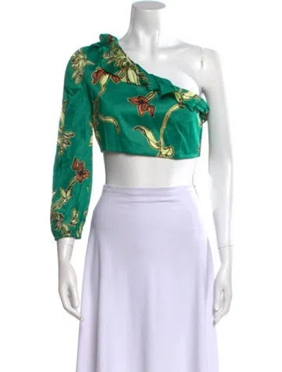 Pre-owned Alexis Floral Print One-shoulder Crop Top W/ Tags In Green