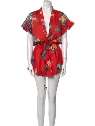 Pre-owned Alexis Floral Print Plunge Neckline Romper In Red