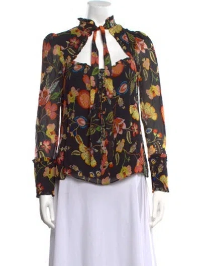 Pre-owned Alexis Floral Print Tie Neck Blouse In Black