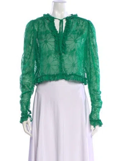 Pre-owned Alexis Floral Print Tie Neck Blouse In Green