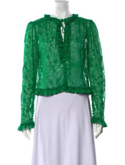 Pre-owned Alexis Floral Print Tie Neck Blouse In Green