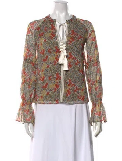 Pre-owned Alexis Floral Print Tie Neck Blouse In Neutrals