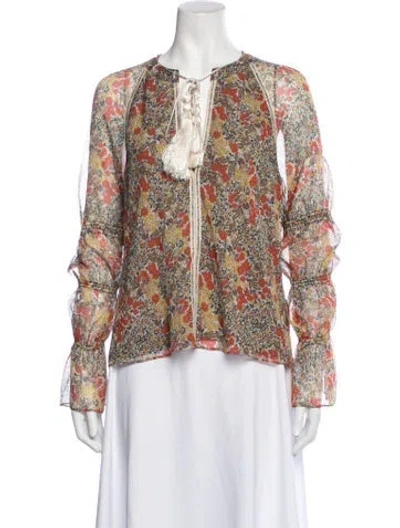 Pre-owned Alexis Floral Print Tie Neck Blouse In Neutrals