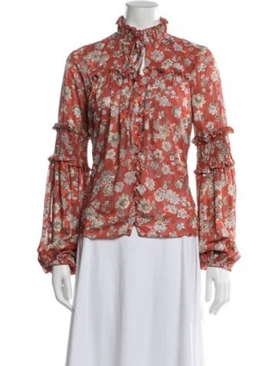 Pre-owned Alexis Floral Print Tie Neck Blouse In Orange
