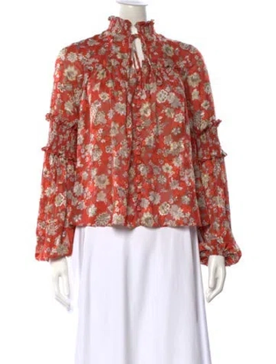 Pre-owned Alexis Floral Print Tie Neck Blouse In Orange