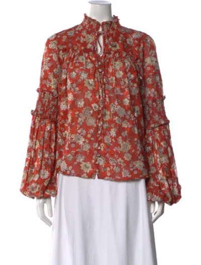 Pre-owned Alexis Floral Print Tie Neck Blouse In Orange