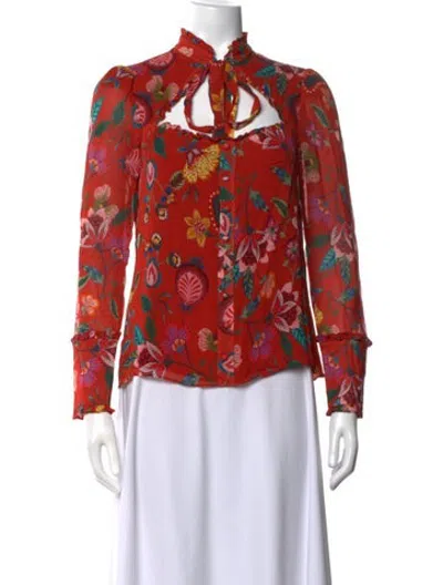 Pre-owned Alexis Floral Print Tie Neck Blouse In Red