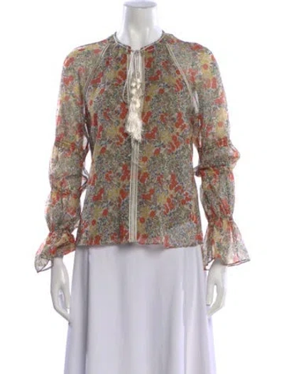 Pre-owned Alexis Floral Print Tie Neck Blouse W/ Tags In Neutral