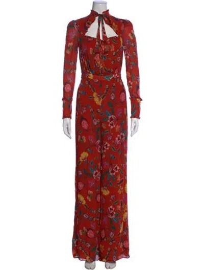 Pre-owned Alexis Floral Print Tie Neck Jumpsuit In Red