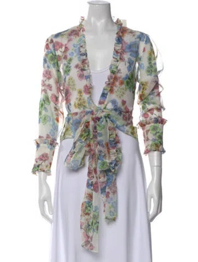 Pre-owned Alexis Floral Print V-neck Blouse In White