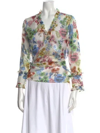 Pre-owned Alexis Floral Print V-neck Blouse In White