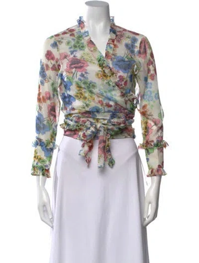 Pre-owned Alexis Floral Print V-neck Blouse In White