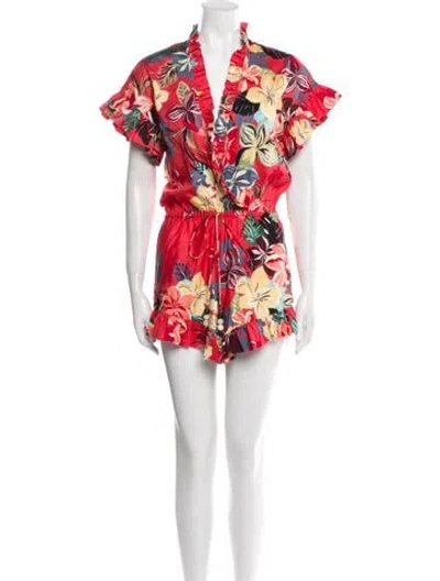 Pre-owned Alexis Floral Print V-neck Romper In Red