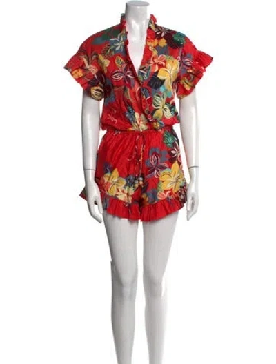 Pre-owned Alexis Floral Print V-neck Romper In Red