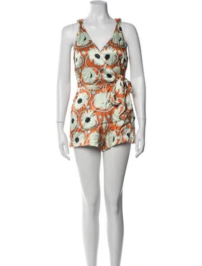 Pre-owned Alexis Floral Print V-neck Romper In Red