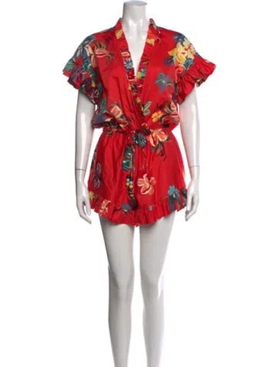 Pre-owned Alexis Floral Print V-neck Romper In Red