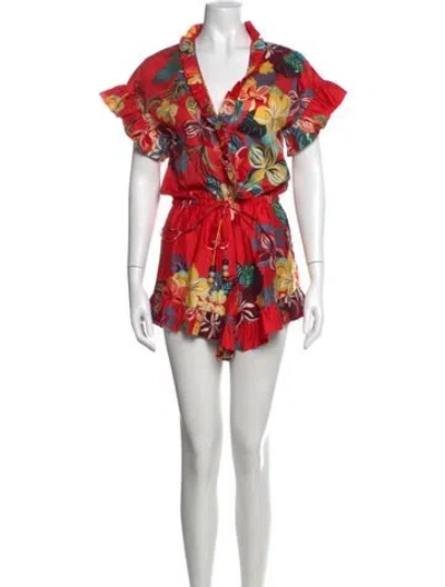 Pre-owned Alexis Floral Print V-neck Romper In Red