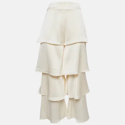 Pre-owned Alexis Ivory White Satin Tiered Pants Xs