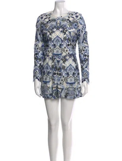 Pre-owned Alexis Lace Pattern Crew Neck Romper In Blue