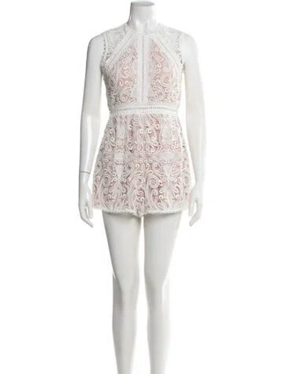Pre-owned Alexis Lace Pattern Crew Neck Romper In White