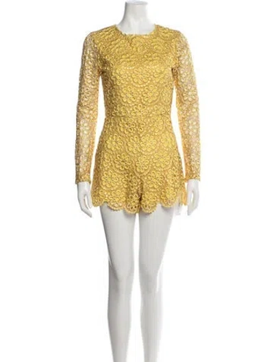 Pre-owned Alexis Lace Pattern Crew Neck Romper In Yellow