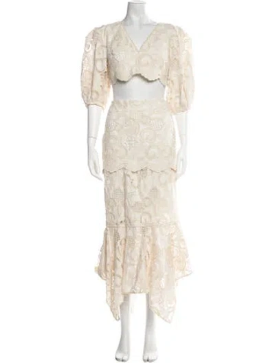 Pre-owned Alexis Lace Pattern Embroidered Accent Skirt Set In Neutral