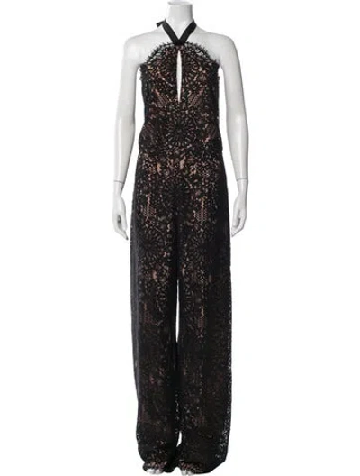 Pre-owned Alexis Lace Pattern Halterneck Jumpsuit In Black