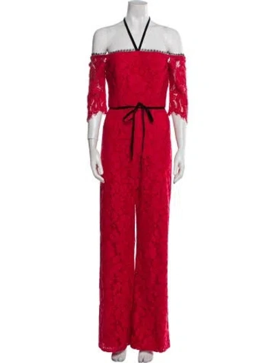 Pre-owned Alexis Lace Pattern Halterneck Jumpsuit In Red