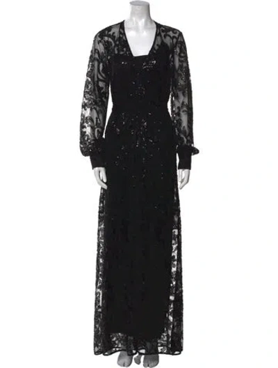 Pre-owned Alexis Lace Pattern Long Dress In Black