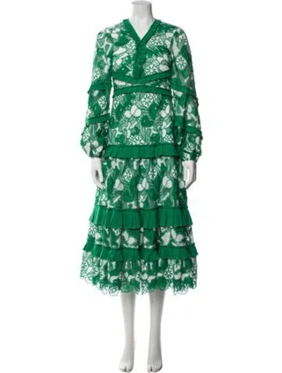 Pre-owned Alexis Lace Pattern Midi Length Dress In Green
