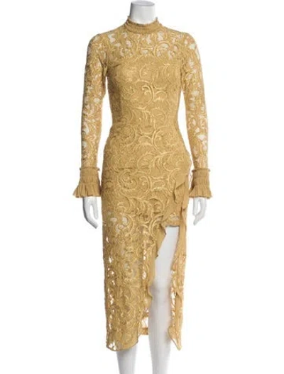 Pre-owned Alexis Lace Pattern Midi Length Dress In Yellow