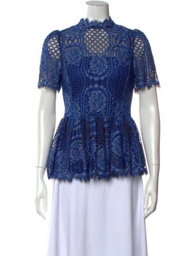 Pre-owned Alexis Lace Pattern Mock Neck Blouse In Blue