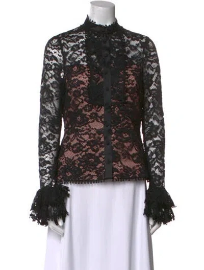 Pre-owned Alexis Lace Pattern Mock Neck Button-up Top In Black