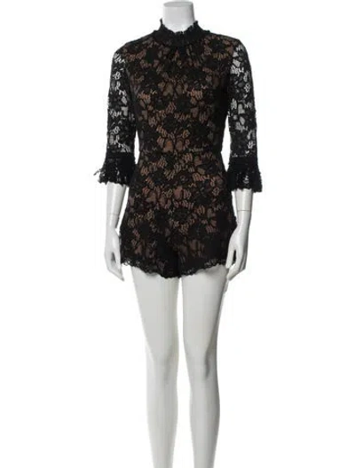 Pre-owned Alexis Lace Pattern Mock Neck Romper In Black