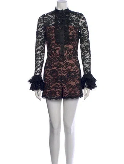 Pre-owned Alexis Lace Pattern Mock Neck Romper In Black