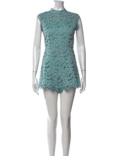 Pre-owned Alexis Lace Pattern Mock Neck Romper In Blue
